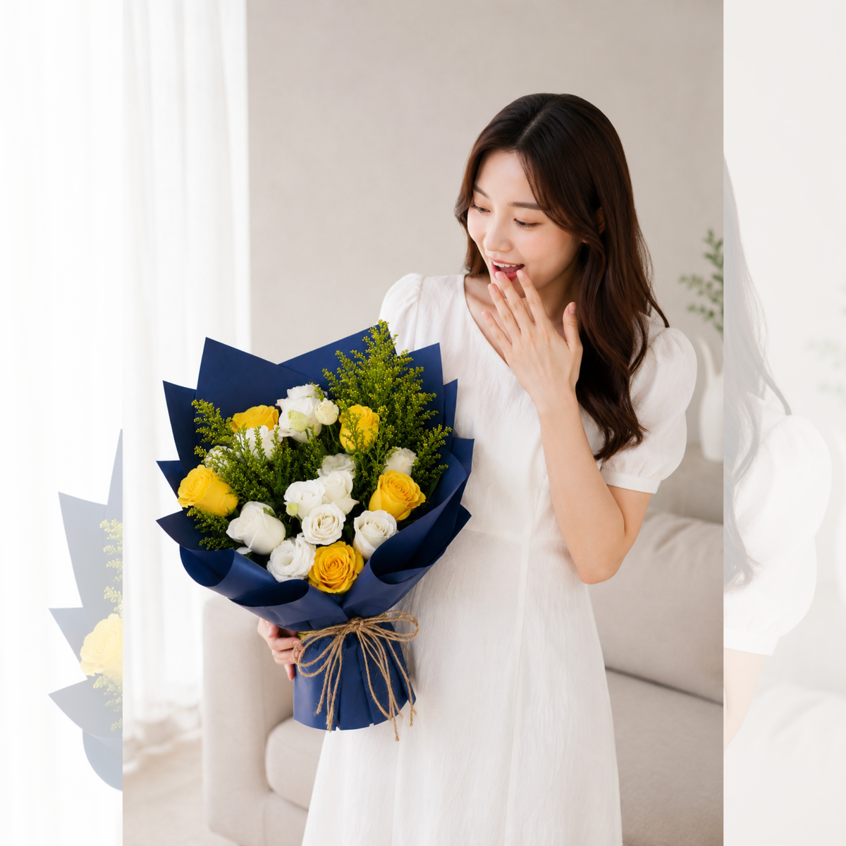 Golden Royale bouquet with 9 yellow and white roses and. white Eustoma in navy blue wrapping