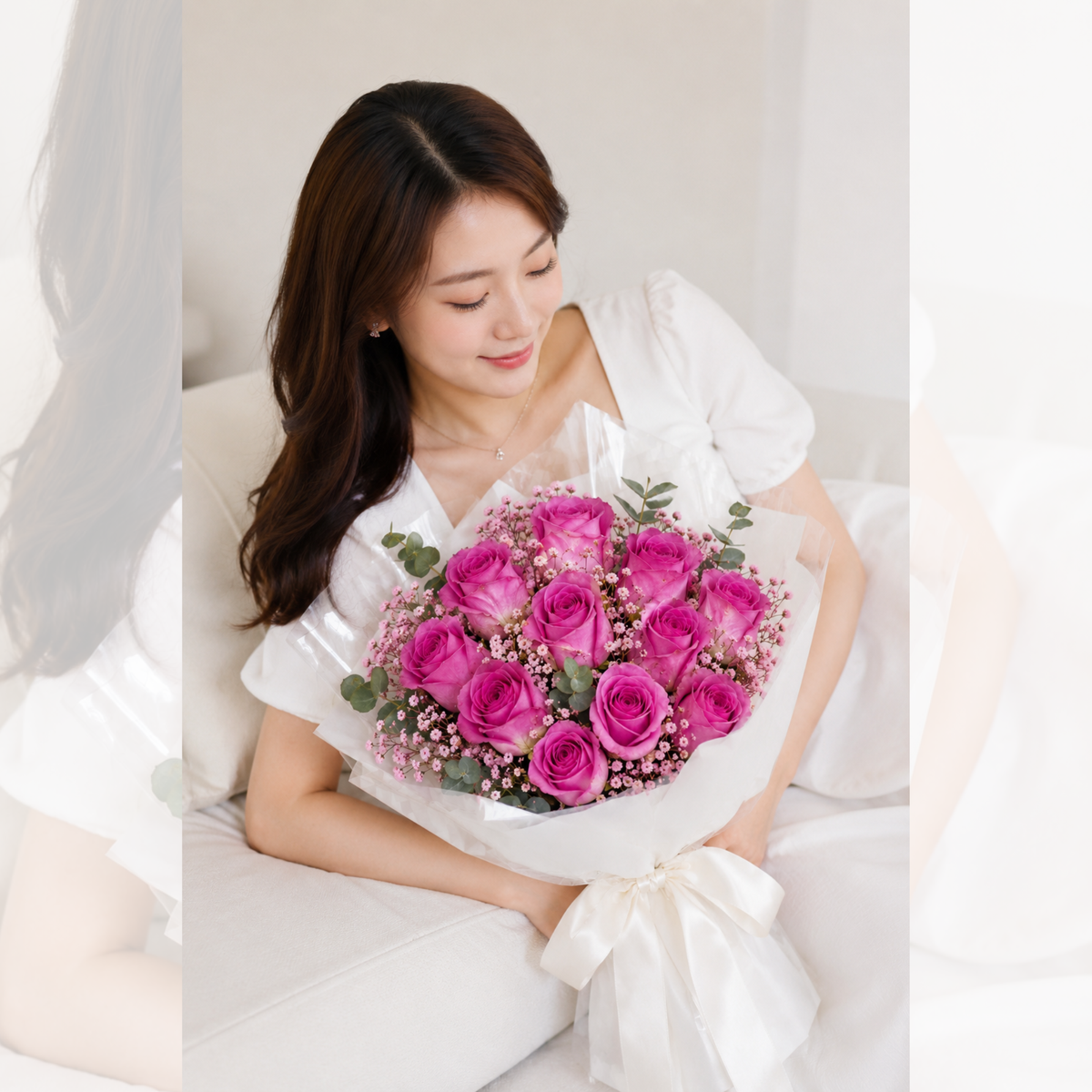 Pink Reverie bouquet with 11 pink roses_pink Baby_sBreath and eucalyptus