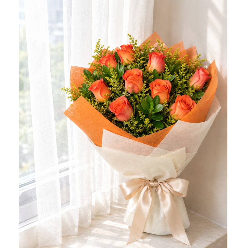 9 Orange Rose Bouquet - Sienna Glow
