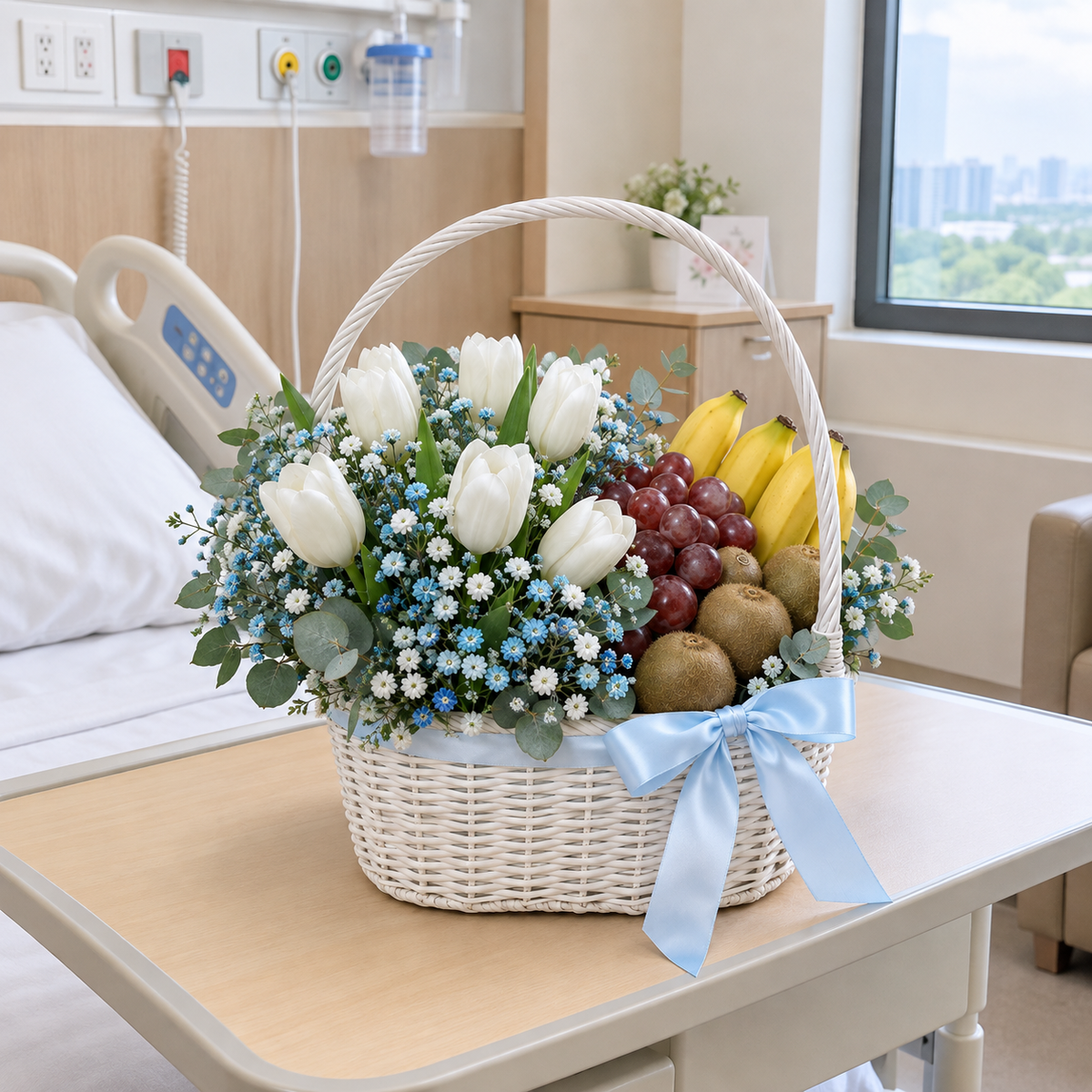 Fresh White Tulips & Fruits Gift Basket - Azure Wishes