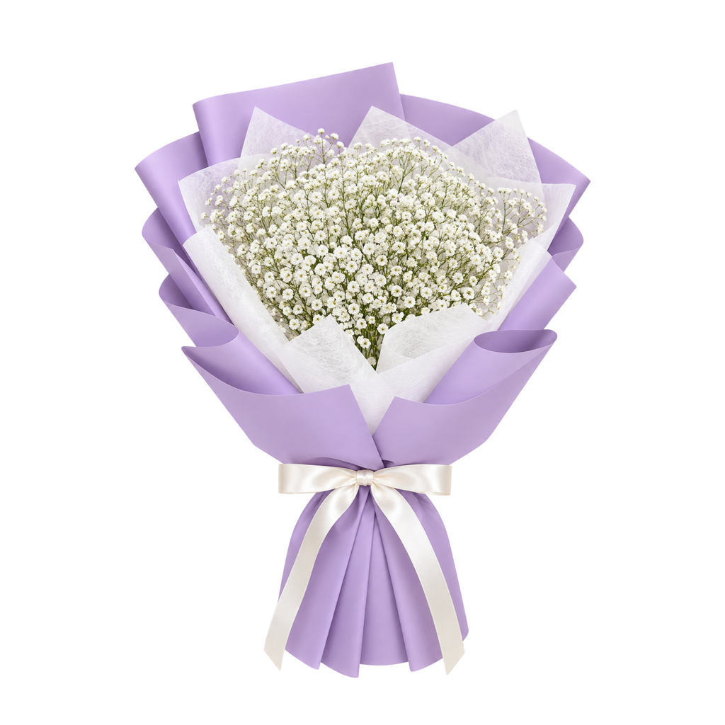 Royale Evermore baby's breath bouquet in purple floral wrapping