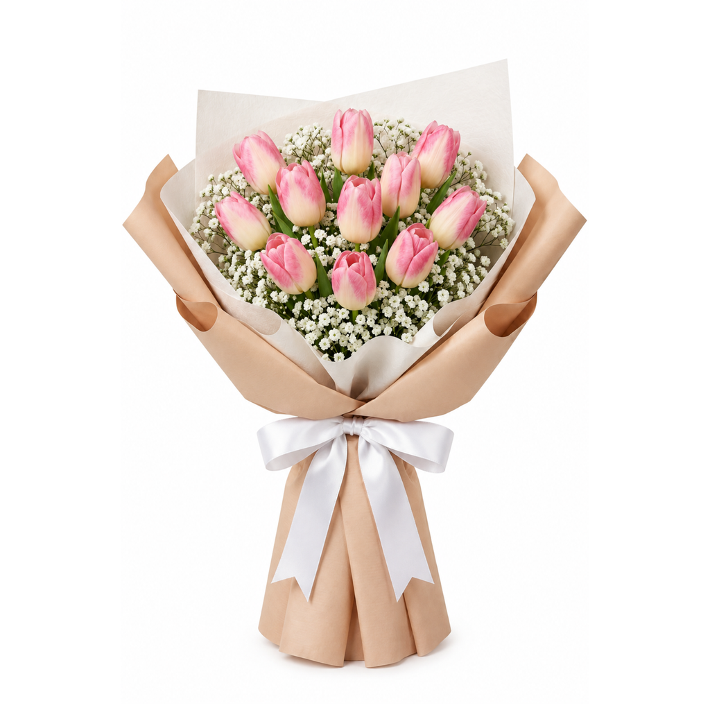 Blush Serenity bouquet with 11 two-toned pink and white tulips and Baby’s Breath