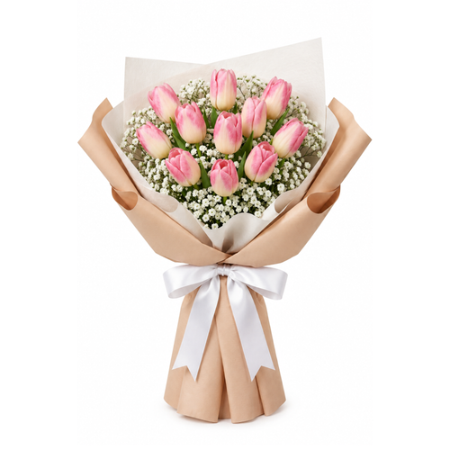 Blush Serenity bouquet with 11 two-toned pink and white tulips and Baby’s Breath