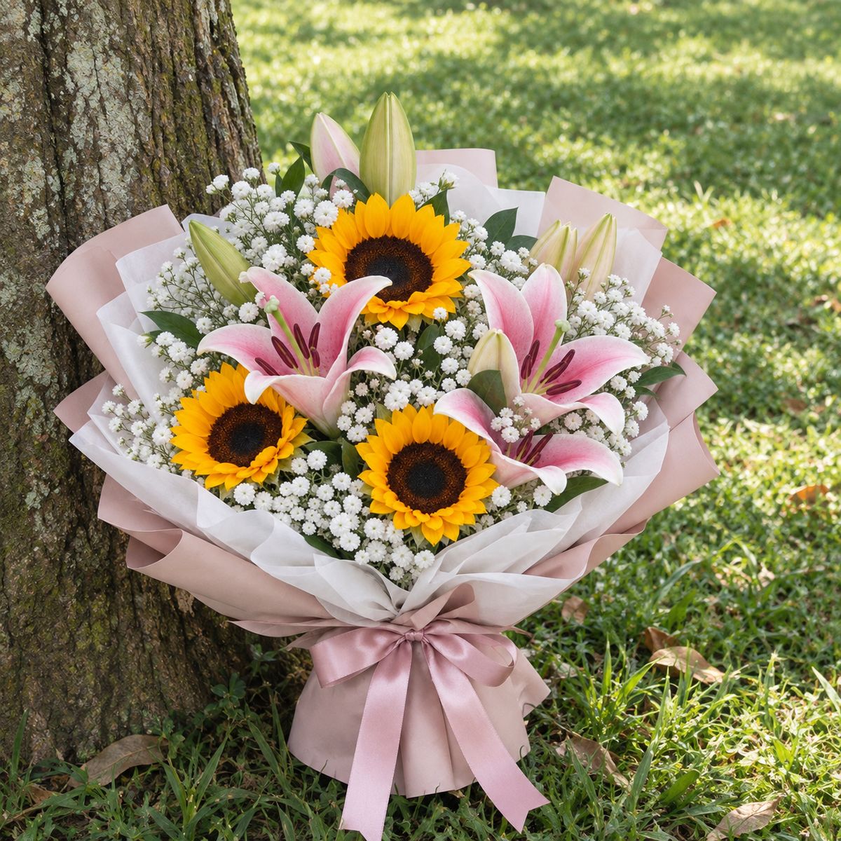 Sunflower & Pink Lily Graduation Bouquet - Blush Triumph