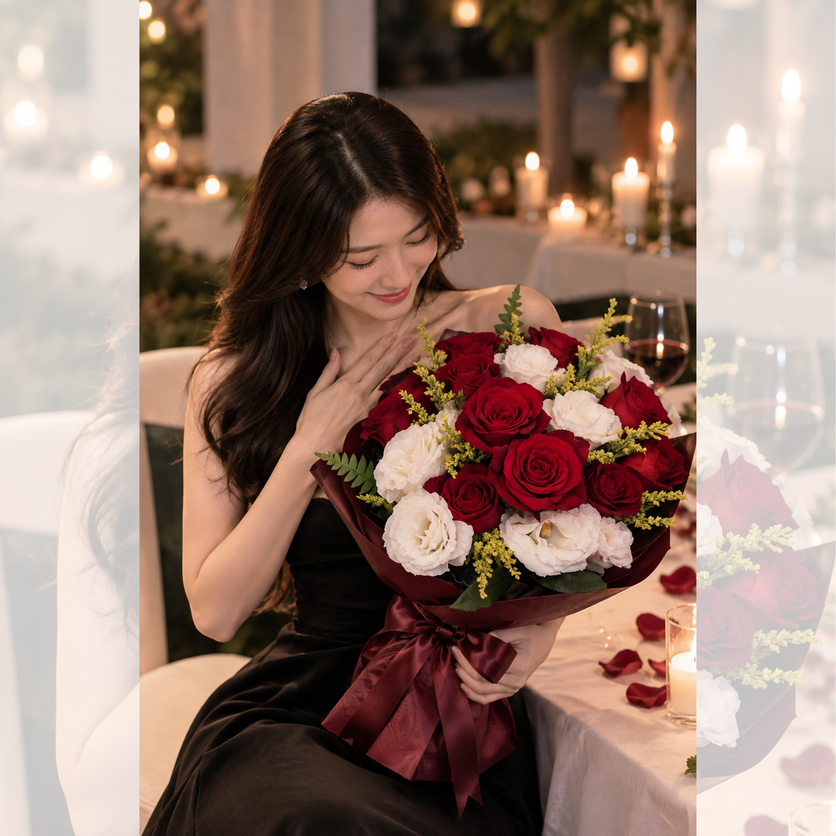 Crimson Grace 9 red roses with white Eustoma singapore