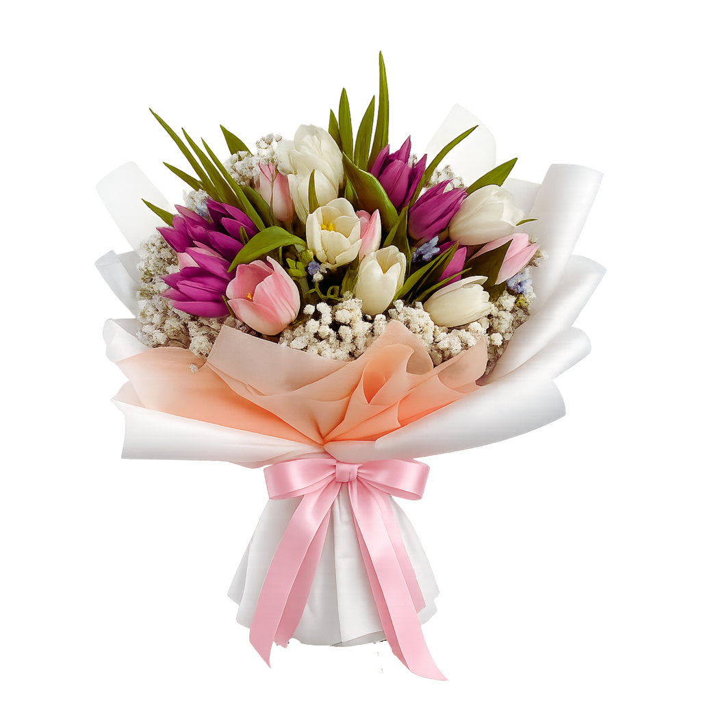 Elan Royale bouquet with 18 pink, ivory and deep magenta tulips and Baby’s Breath