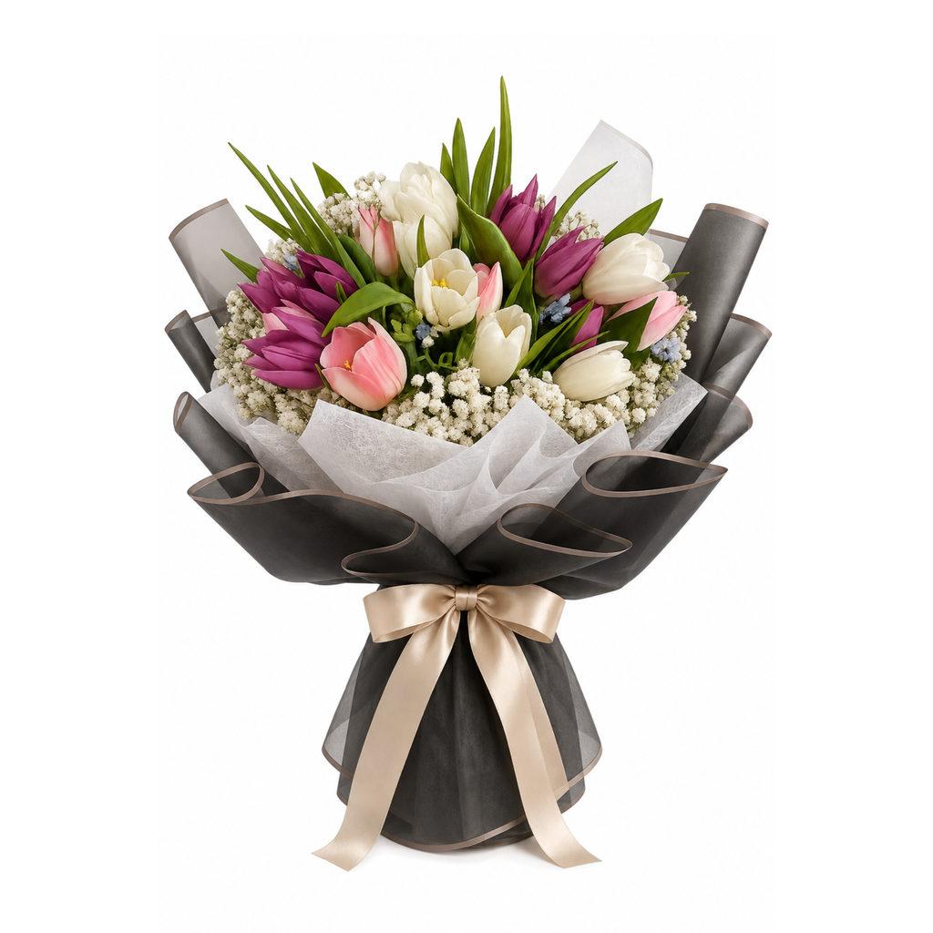 Elan Royale 18 tulip bouquet in blush pink, ivory and deep magenta