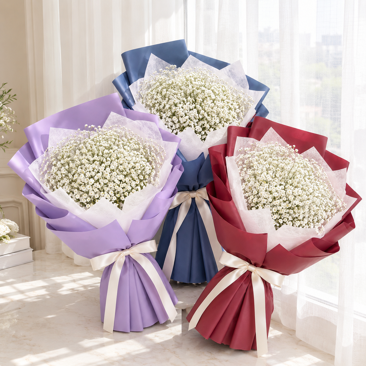 Royale Evermore white baby's breath bouquet with custom colour floral wrapping