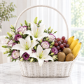 White Lilies & Flower Fruit Gift Basket - Luna Grace