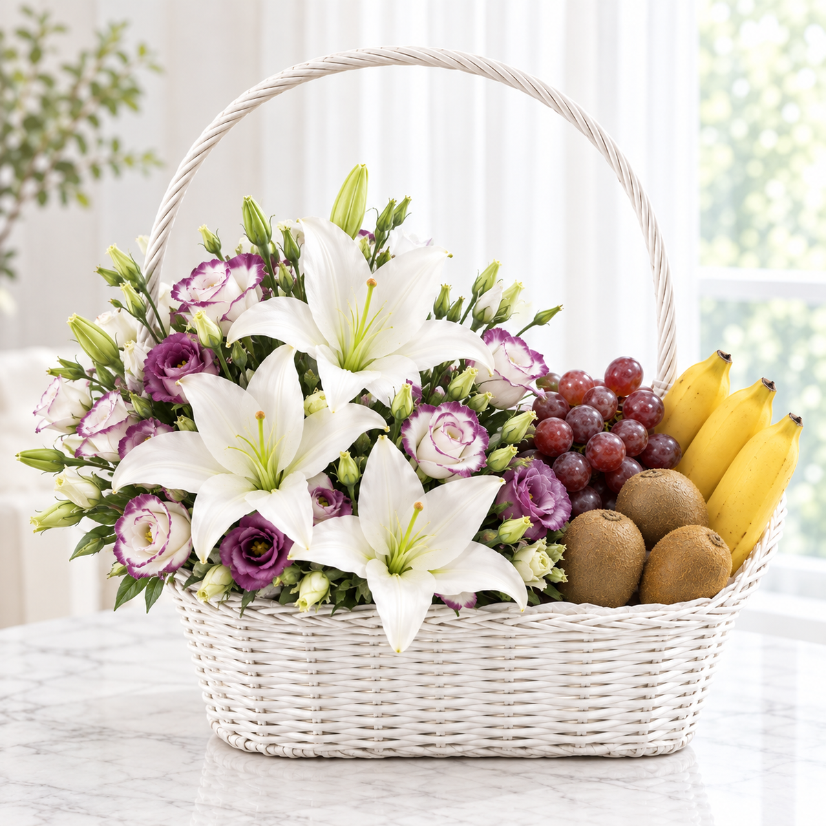 White Lilies & Flower Fruit Gift Basket - Luna Grace