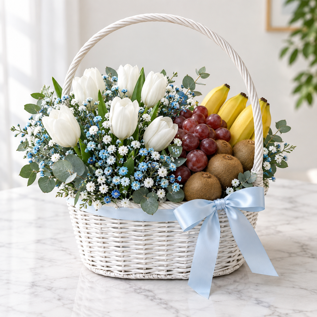 Fresh White Tulips & Fruits Gift Basket - Azure Wishes