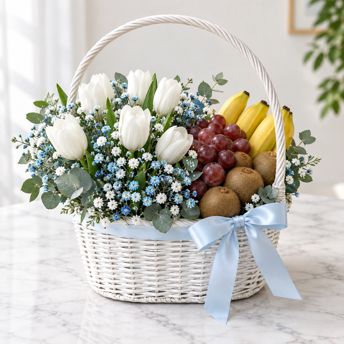 Fresh White Tulips & Fruits Gift Basket - Azure Wishes