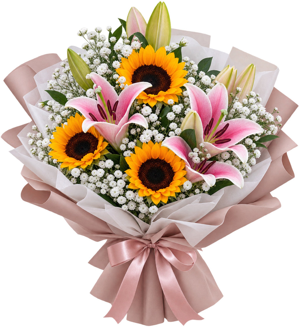 Sunflower & Pink Lily Graduation Bouquet - Blush Triumph