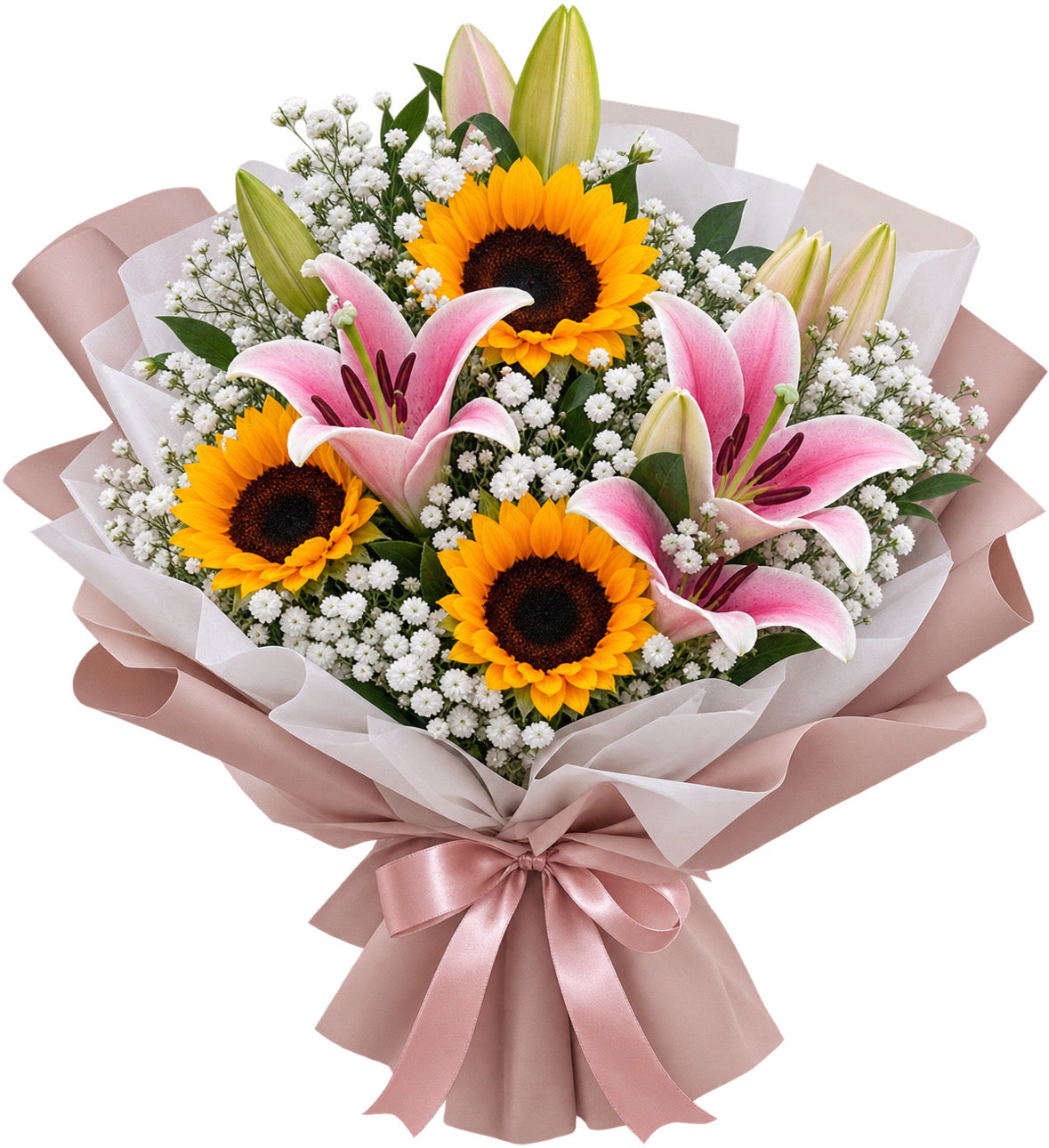 Sunflower & Pink Lily Graduation Bouquet - Blush Triumph