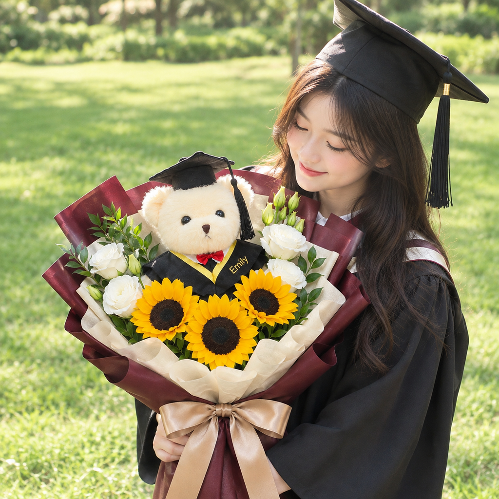 Graduation Sunflower Bouquet with Personalised Bear - Royale Graduate