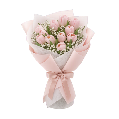 Pink Whisper bouquet with 11 pink tulips and Baby’s Breath