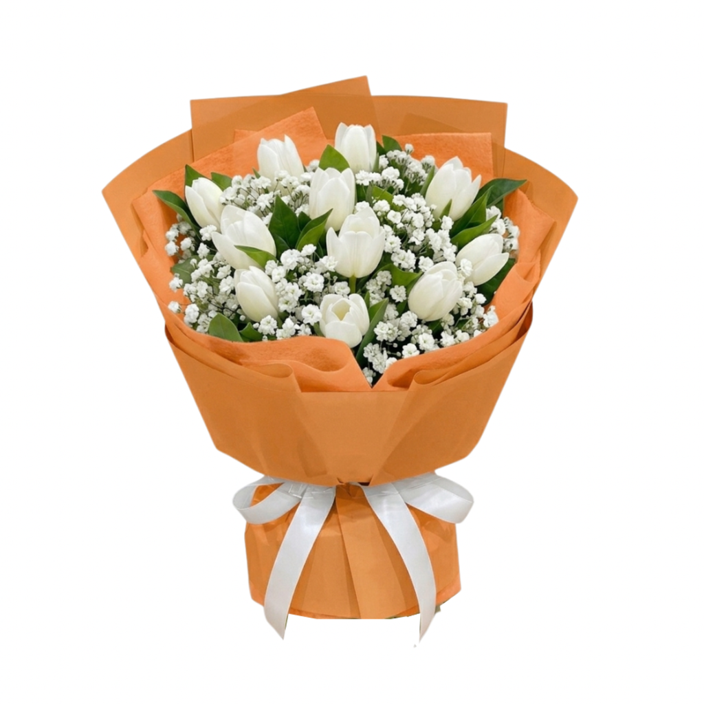 Pure Radiance bouquet with 11 white tulips and Baby’s Breath