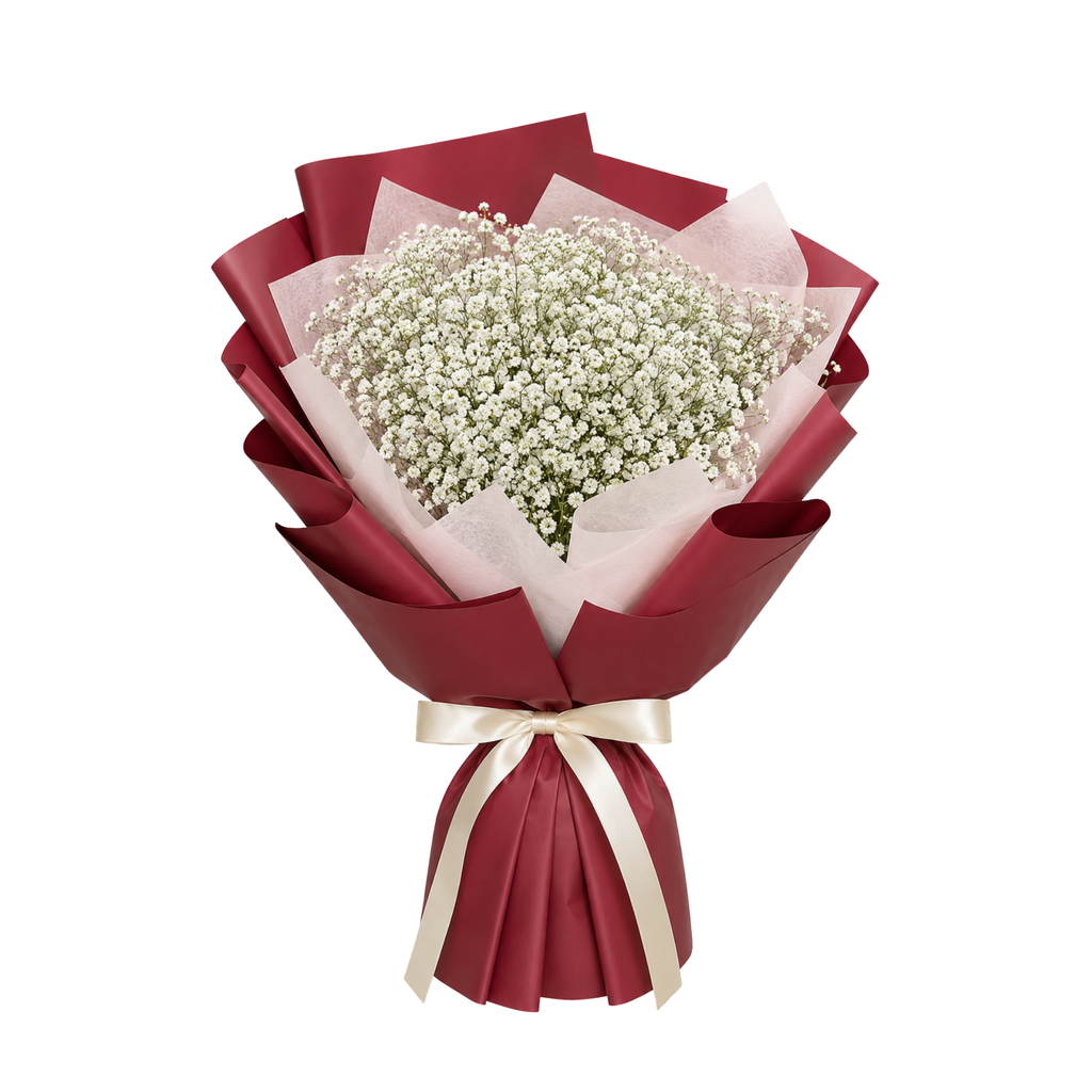 Royale Evermore baby's breath bouquet in burgundy floral wrapping