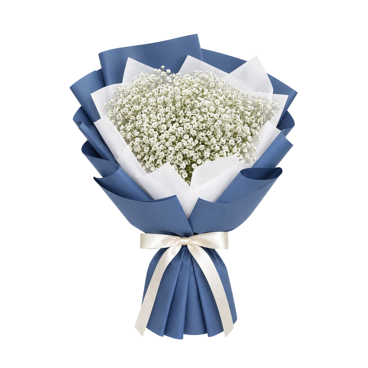 Royale Evermore baby's breath bouquet in blue floral wrapping