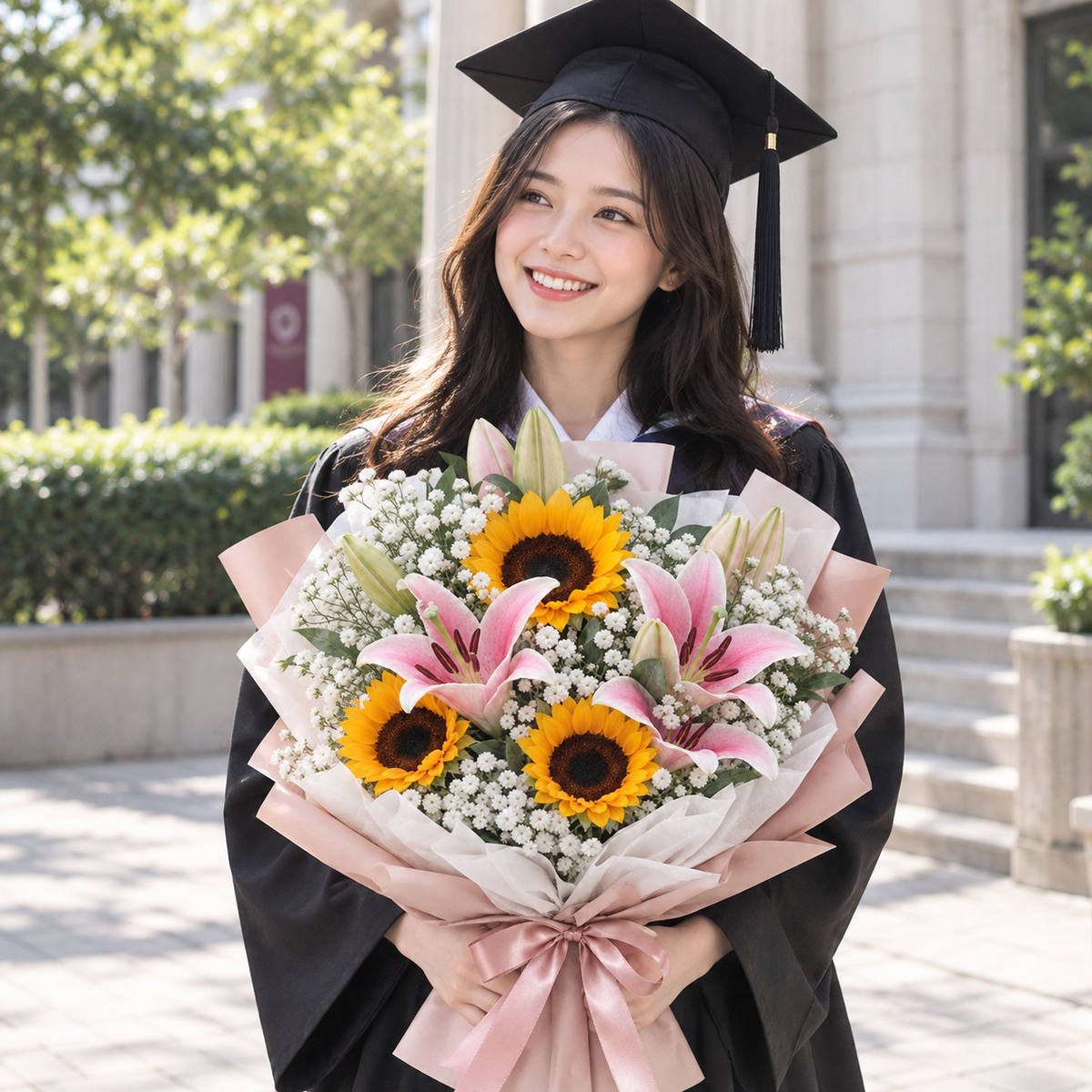 Sunflower & Pink Lily Graduation Bouquet - Blush Triumph