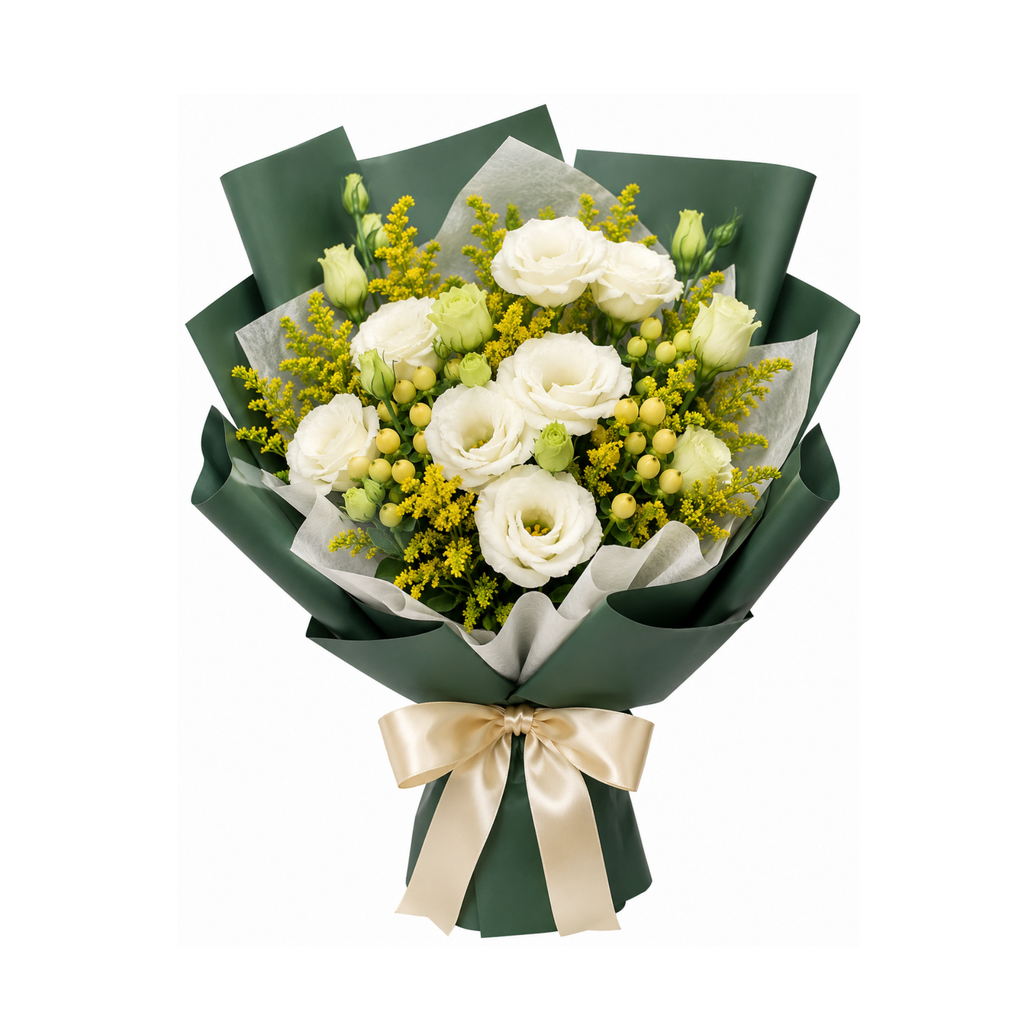 White Roses & Eustoma Bouquet - Verdant Éclat